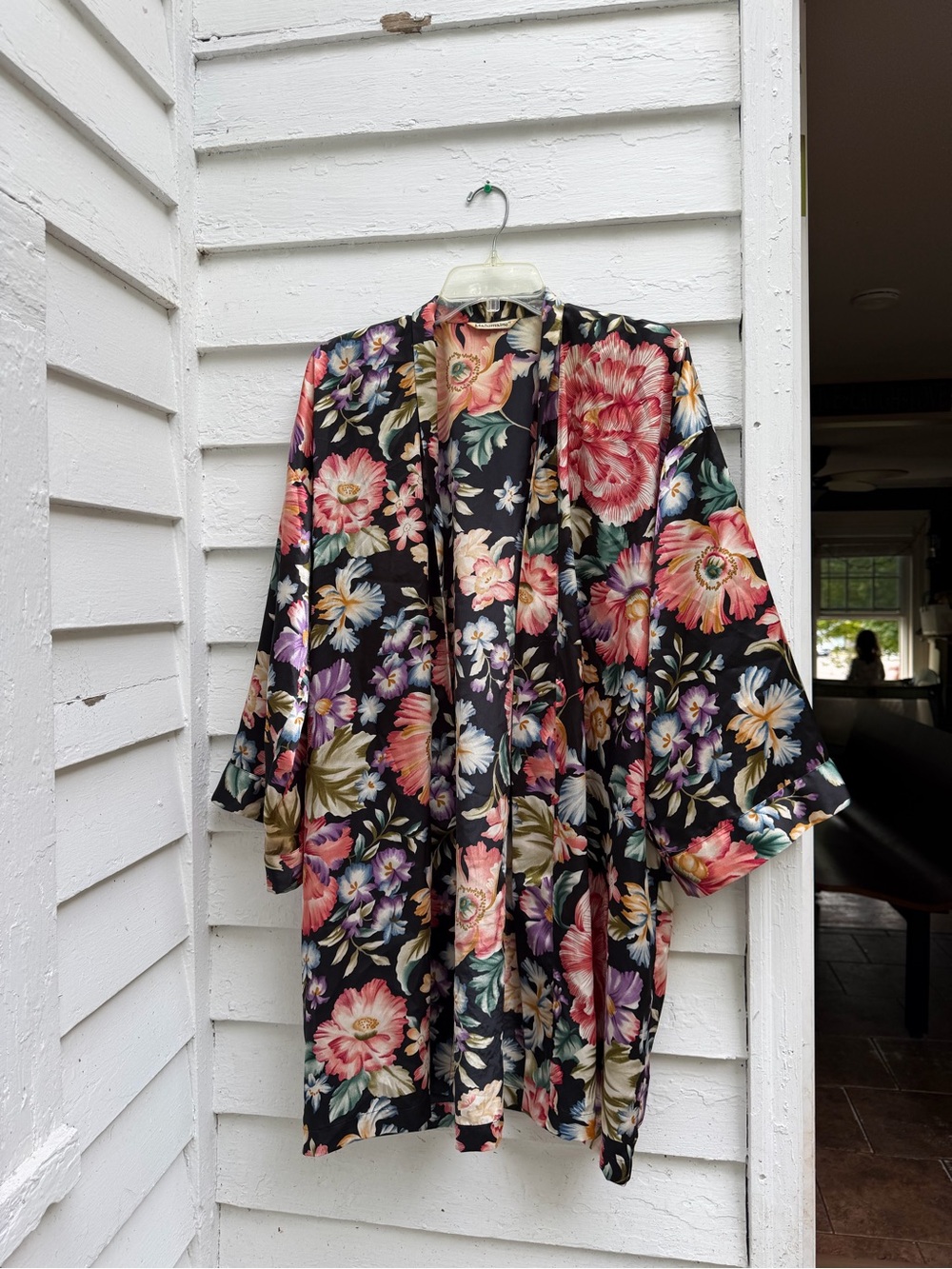 Floral Silky Kimono Bath Robe - Black Floral Coverup Amazing Flowers